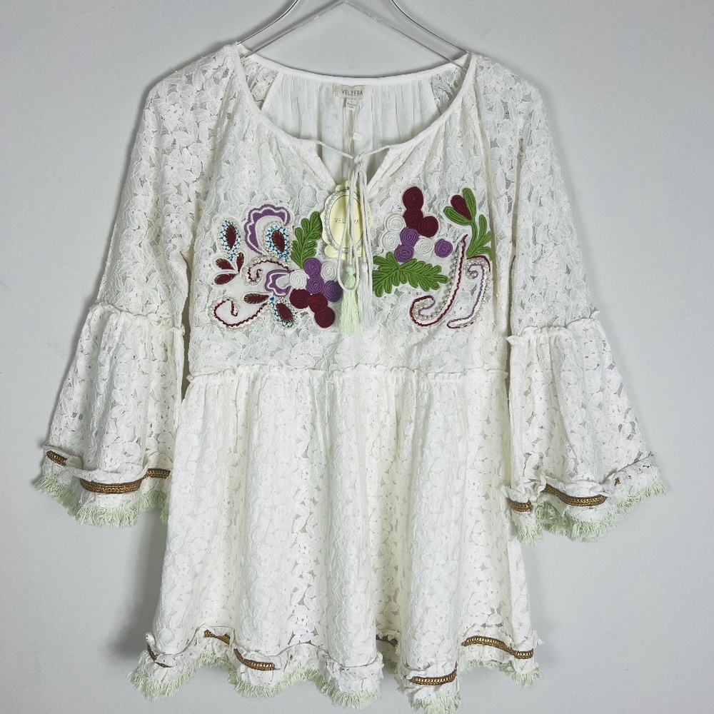 NEW Velzera Tunic Blouse Embroidered Peasant Top Lace‎ Crochet Cottagecore Boho